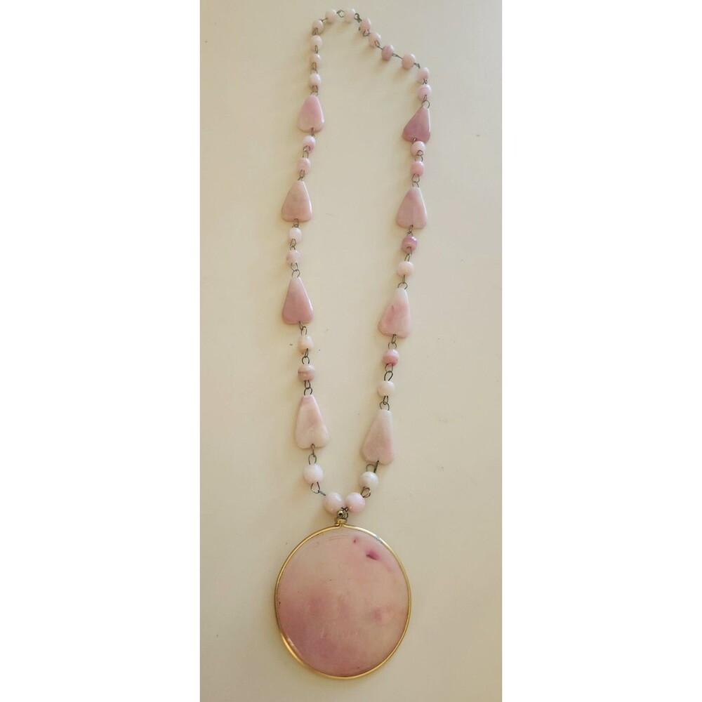 Vtg 1970s Carved Rose Quartz Libra Zodiac Medallion Statement Necklace 28 Inches